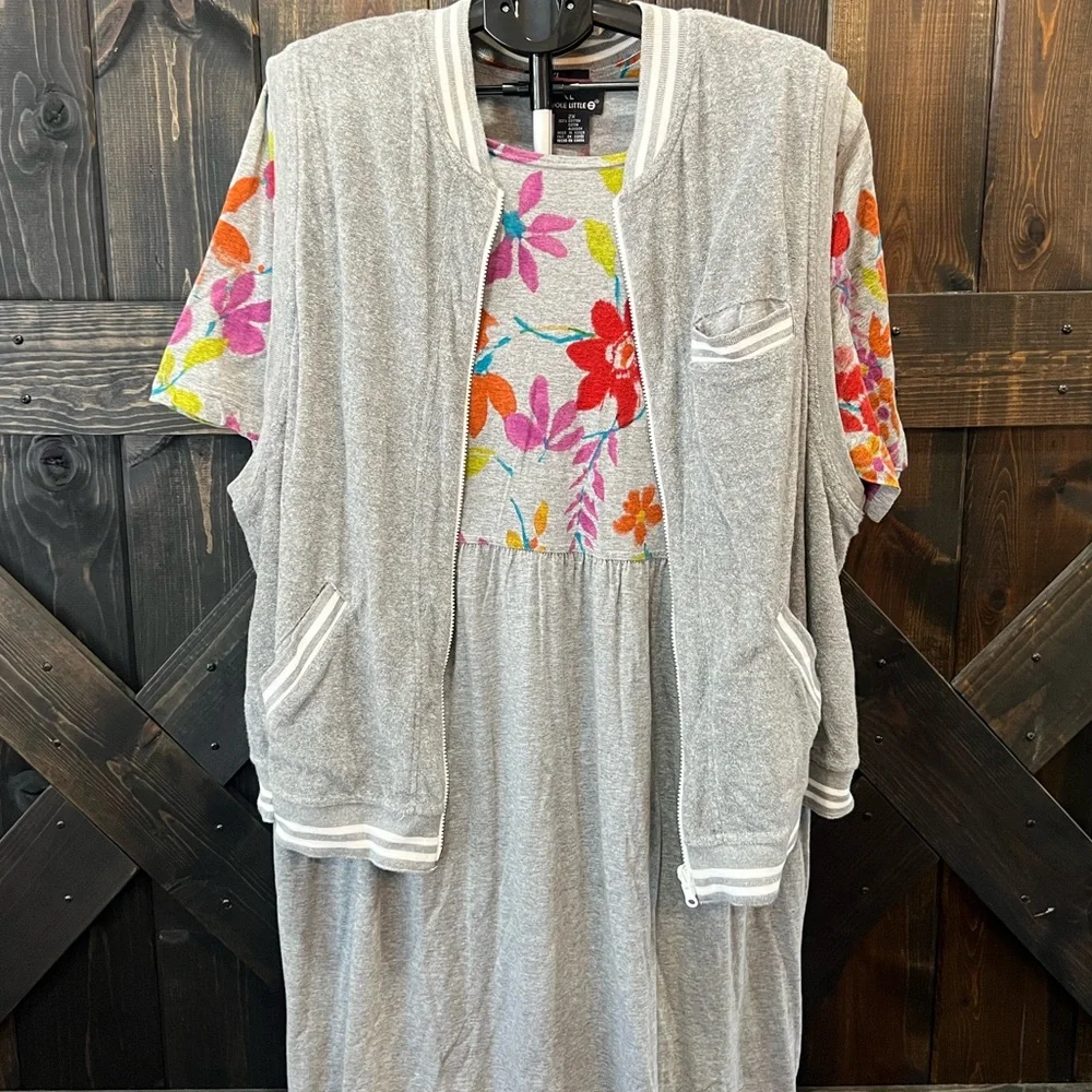 Vintage Carole Little Maxi Dress Set Size 3X Grey Floral Matching Vest Cottage‎